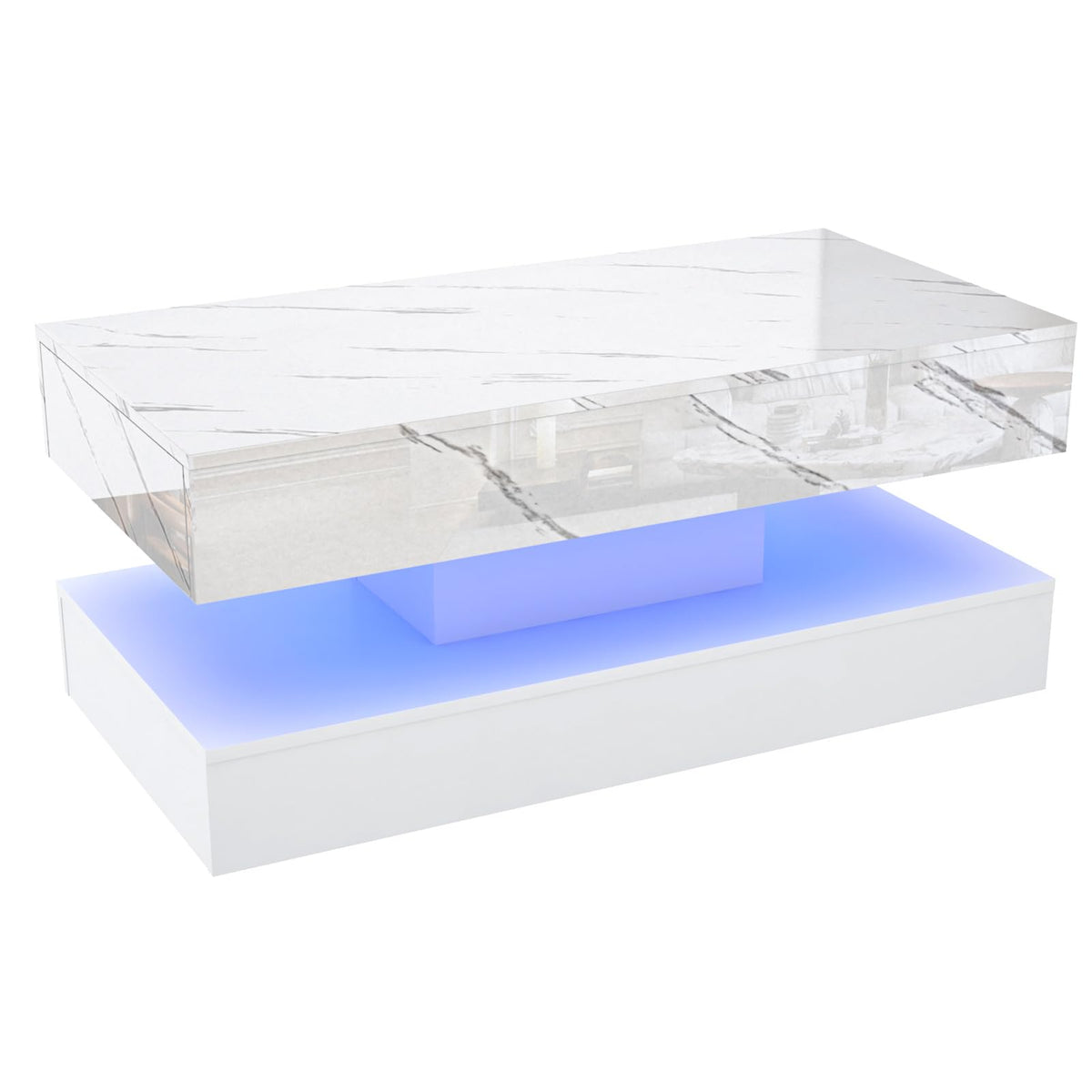 chartustriable 39.4" Large High-Glossy LED Coffee Table with 2 Sliding Drawers, Living Room Storage Coffee Tables with Marbling Print, Modern Stylish Double-Layer Center Tables w/LED Lights, White