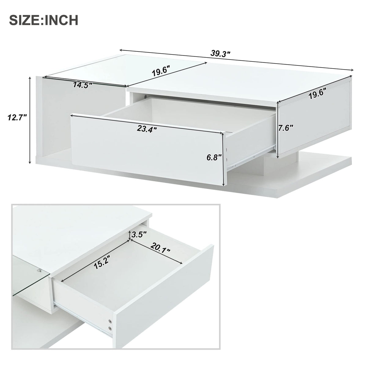 LUMISOL High-Gloss Center Table with Tempered Glass and Storage, White