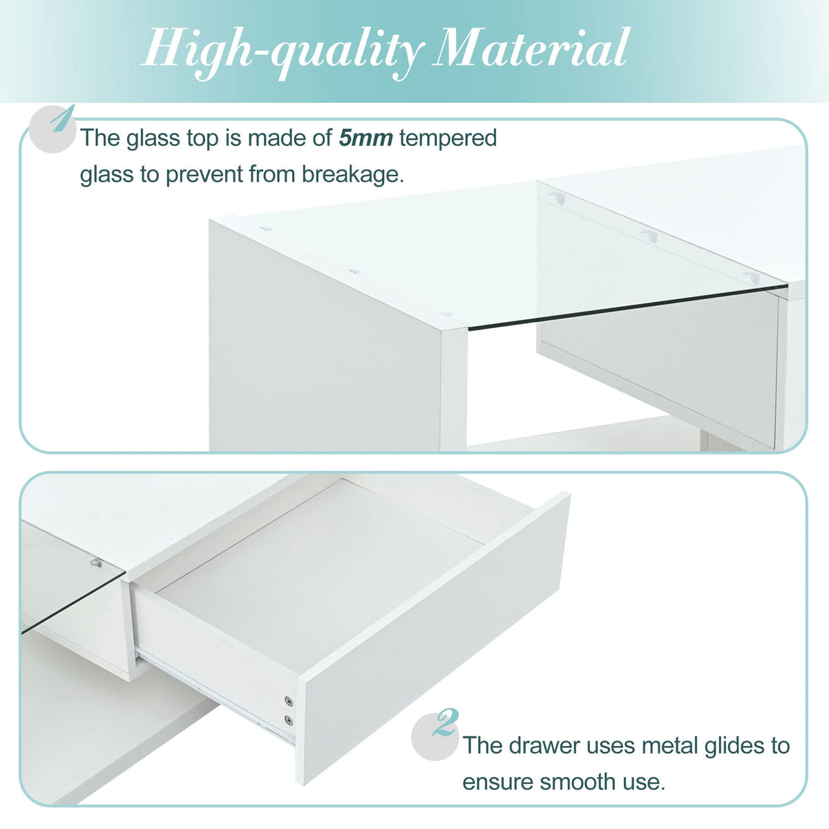 LUMISOL High-Gloss Center Table with Tempered Glass and Storage, White